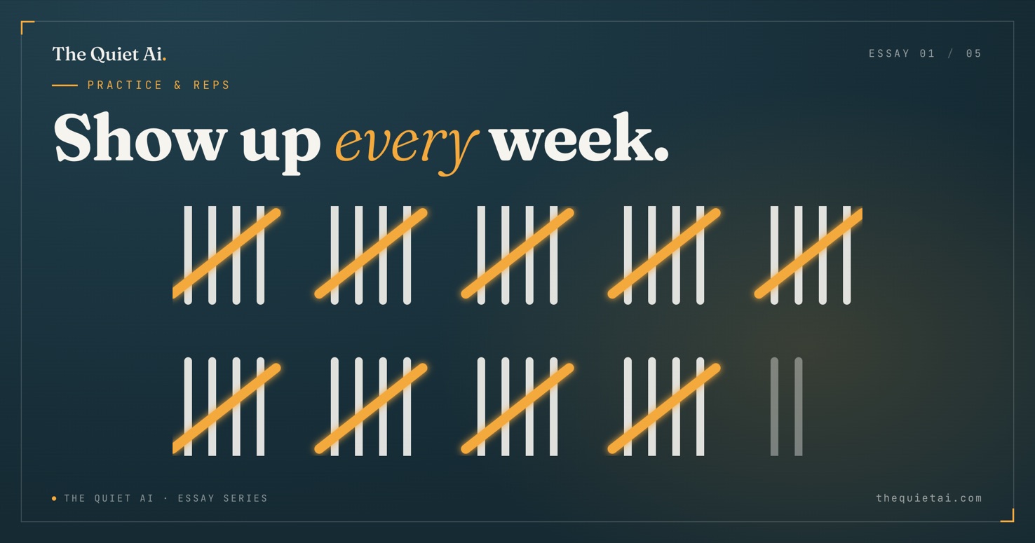 Show up every week. — The Quiet Ai essay series, on practice and reps